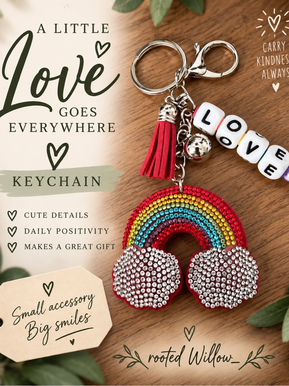 Rainbow Rhinestone Keychain LOVE Beaded Tassel Charm Bag Accessory